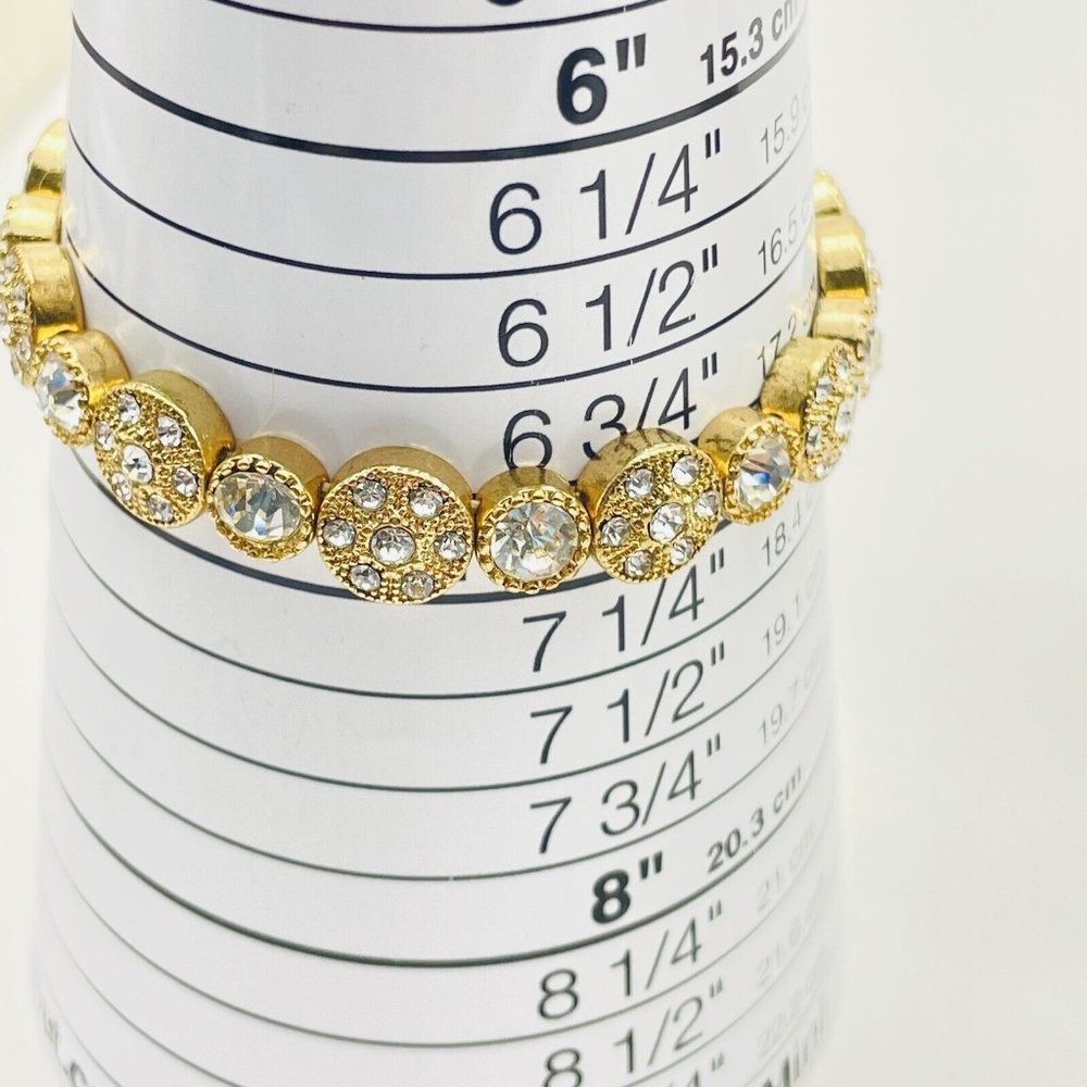 Rhinestone Encrusted Disc Stretch Bracelet Gold Tone Glam Bling Sparkle Holiday - Picture 3 of 6